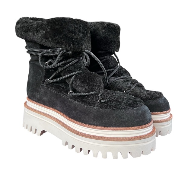 Anthropologie Paloma Barcelo Nazare Black Suede Shearling Platform Boots 40 US 9 - Picture 2 of 12